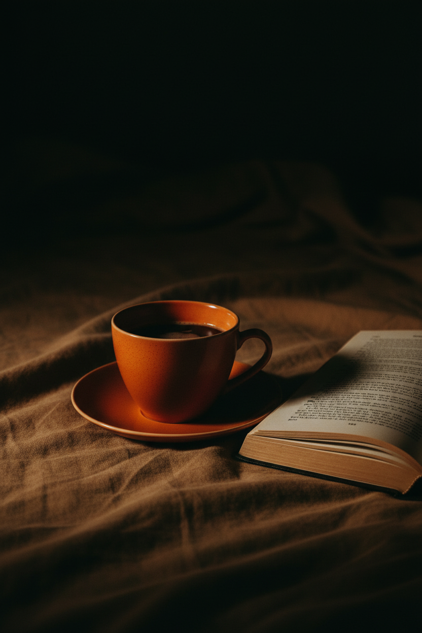 暗く加工：ベッドとコーヒー